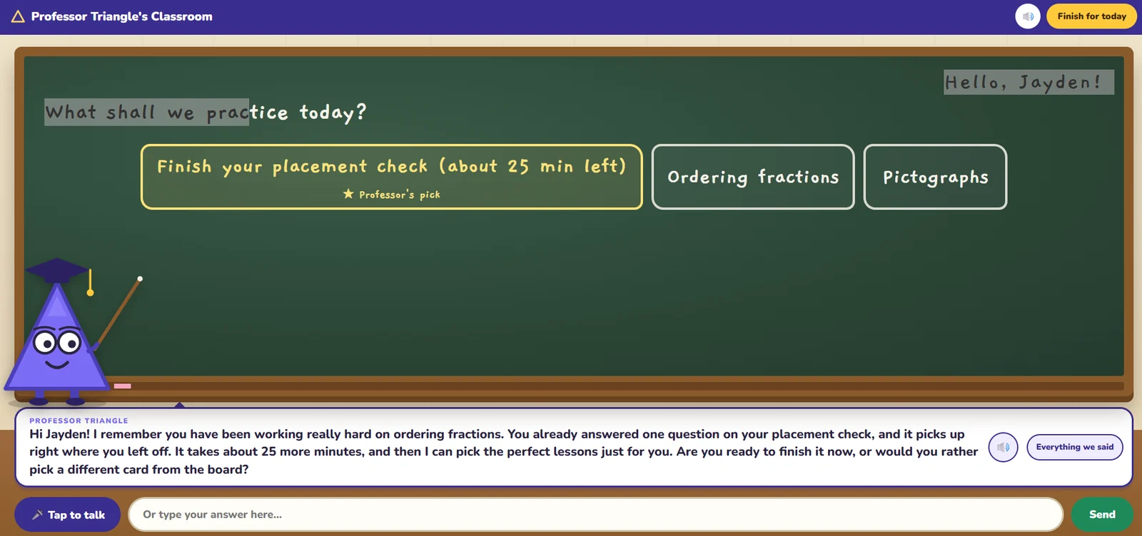 Professor Triangle greeting a knight at his chalkboard and offering lesson cards picked for that child