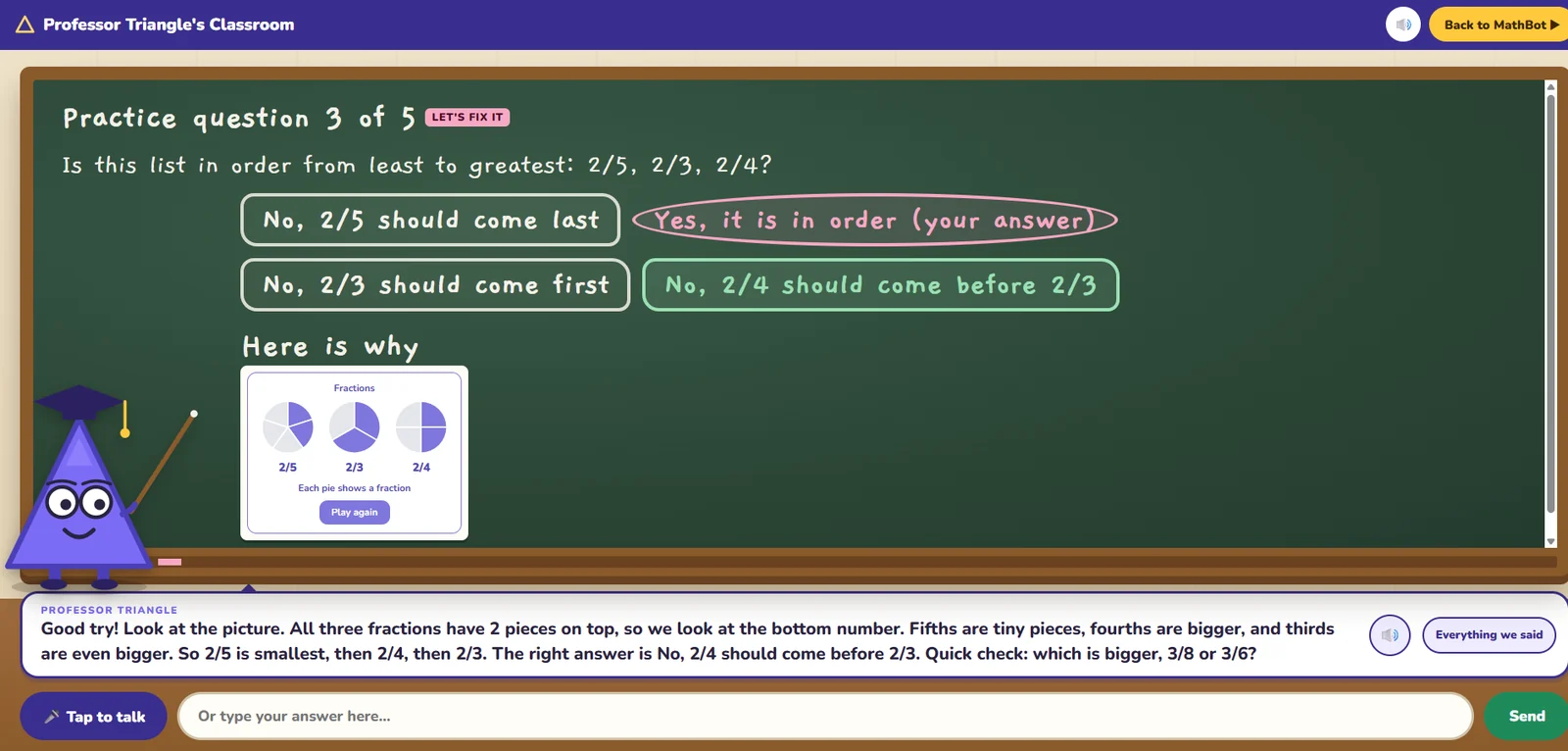 After a wrong answer, Professor Triangle explains the mistake and asks the knight to try again on the board